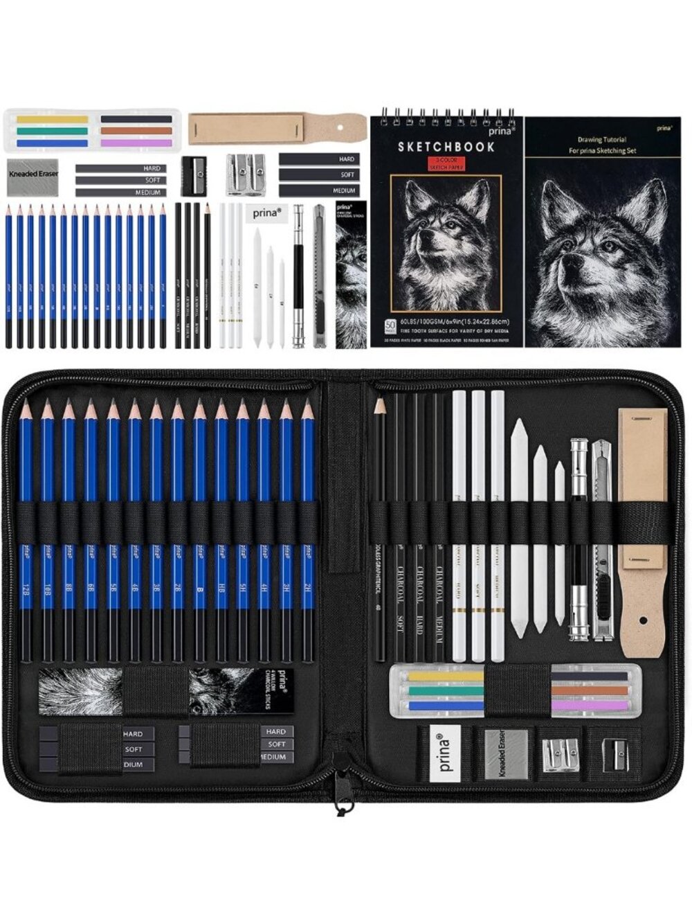 50 Pack Drawing Set - Sketch Kit with 3-Color Sketchbook, Graphite & Charcoal